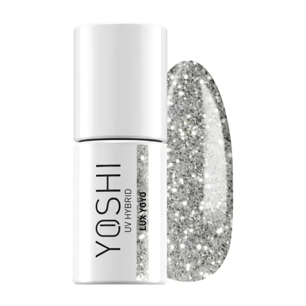 Verniz Yoshi Lux Yoyo - 208 Frasco de esmalte de unhas branco com texto YOSHI UV HYBRID e amostra de cor prateada com glitter