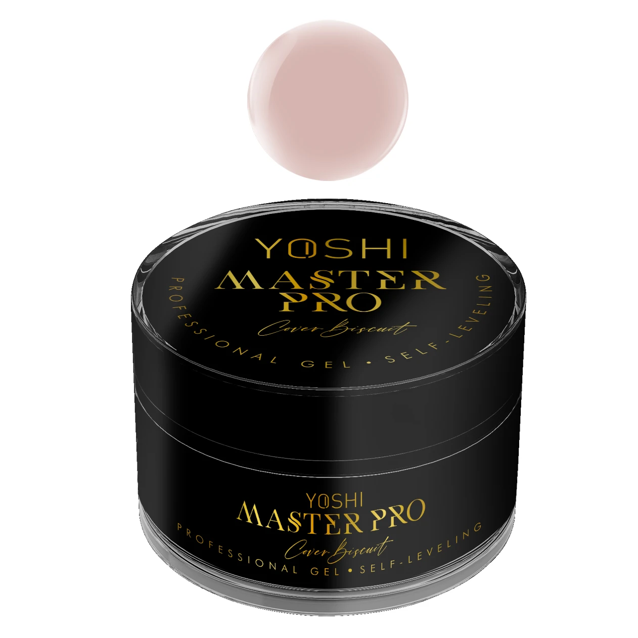 yoshi gel uv/led master pro cover biscuit 15ml Frasco preto de gel Yoshi Master Pro com texto dourado e amostra de cor nude rosada