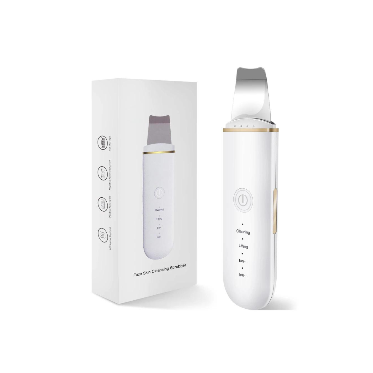 Espátula de Peeling Ultrassónico Dispositivo eletrónico branco para cuidados faciais com embalagem