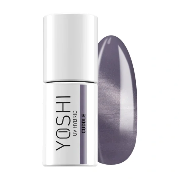 Verniz Yoshi Cuddle - 923 Frasco de verniz gel UV híbrido branco e amostra da cor violeta brilhante