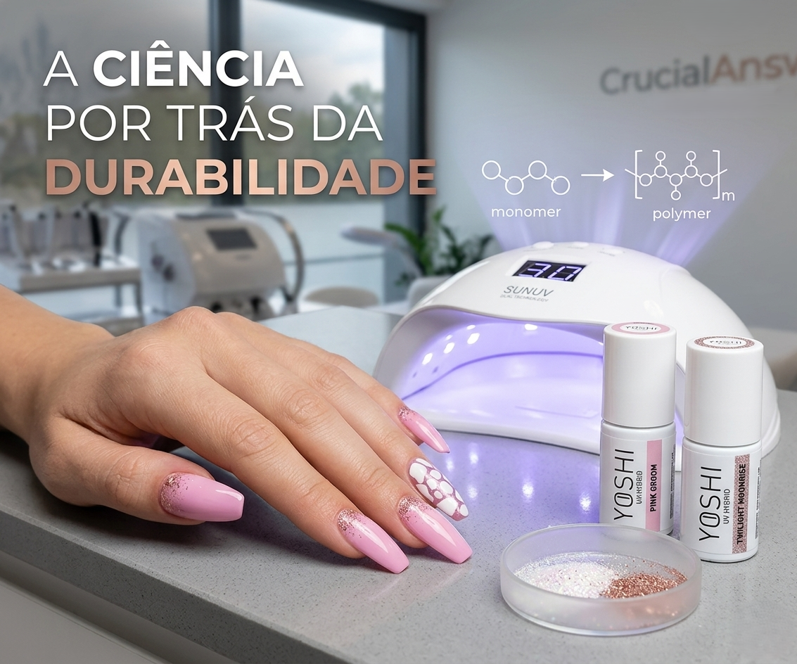 Mão com unhas rosa claro e glitter, lâmpada UV e frascos de verniz YOSHI