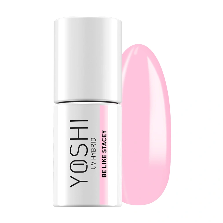 Verniz Yoshi Be Like Stacey - 228 Frasco de verniz UV híbrido YOSHI branco com amostra de cor rosa claro