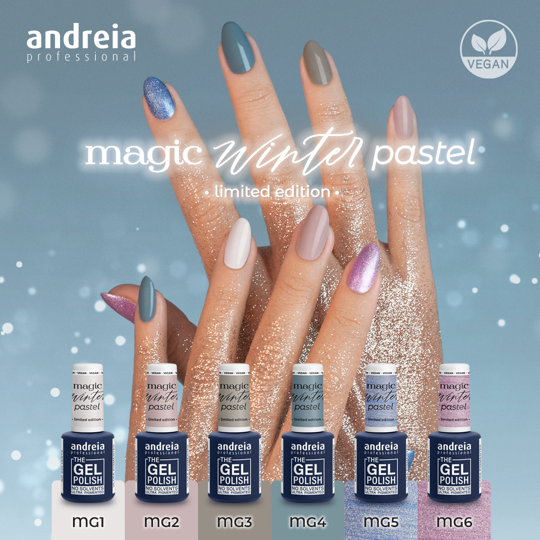 Andreia The Gel Polish - Magic Winter Pastel Collection Frascos de verniz gel Magic Winter Pastel com mãos femininas mostrando as cores.