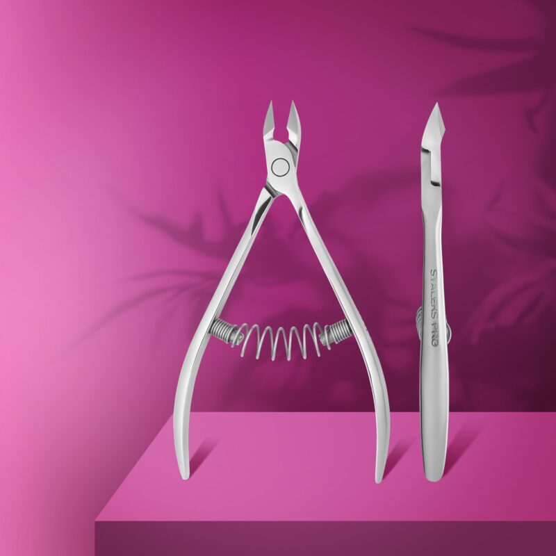 Staleks - Alicate de Cutículas PRO EXPERT 91 9mm Conjunto de instrumentos de manicure metálicos com cortador de cutículas e pinça prateada em suporte rosa