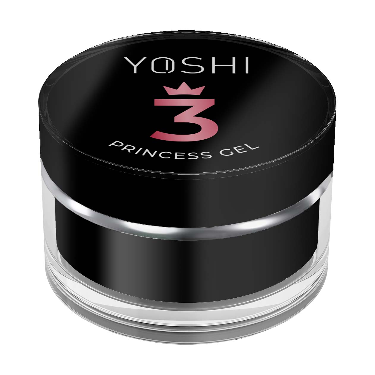 Princess Gel Yoshi Nº3 Frasco redondo transparente com tampa preta e inscrições YOSHI 3 PRINCESS GEL