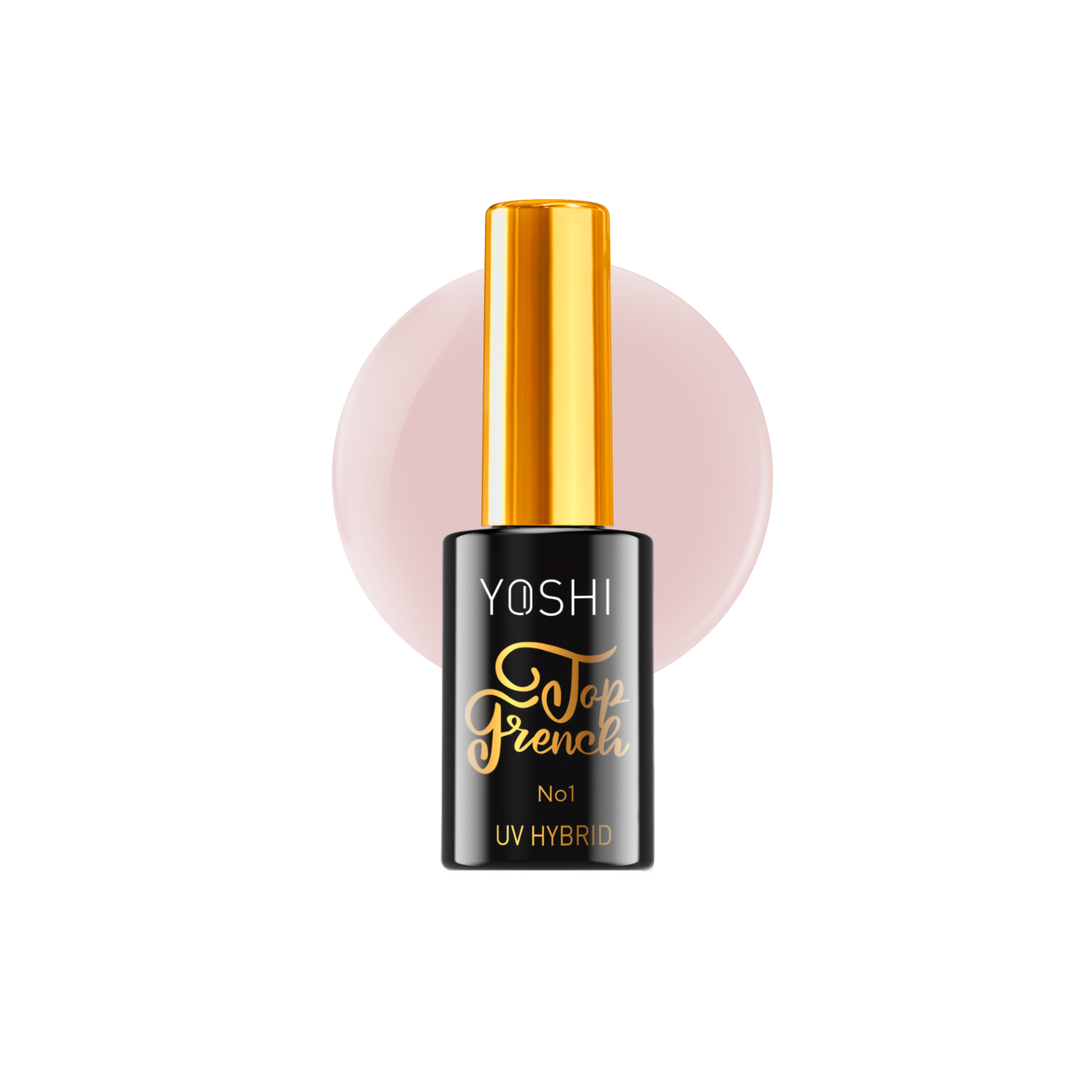 Yoshi - Top French Nº 1 Frasco de verniz UV Hybrid YOSHI Top French No1 com tampa dourada e corpo preto sobre fundo branco com círculo rosa