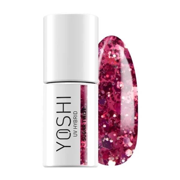 Verniz Yoshi Sugar Twist - 724 Esmalte YOSHI UV HYBRID SUGAR TWIST com amostra cor rosa glitter