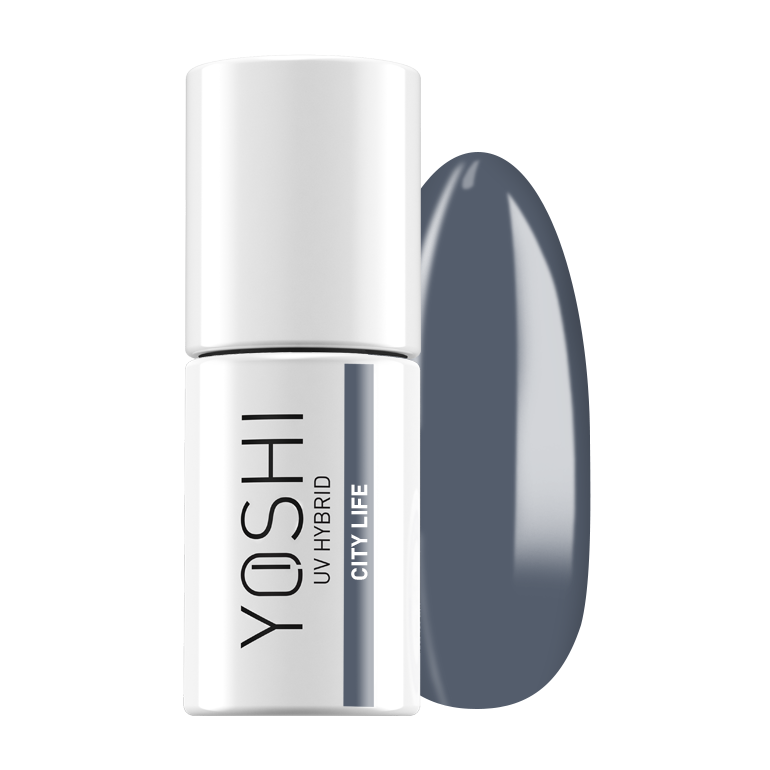 Verniz Yoshi City Life - 424 Verniz UV híbrido YOSHI City Life com amostra de cor cinza-azulada