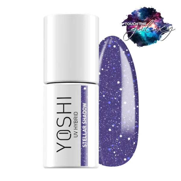 Verniz Yoshi Stellar Shadow - 526 Verniz UV roxo com glitter branco e embalagem YOSHI UV HYBRID