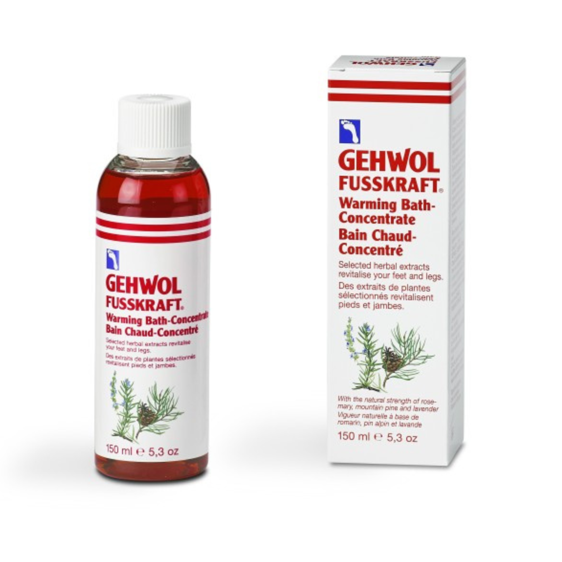 Gehwol Fusskraft Warming Bath 150ml Frasco e embalagem de concentrado para banho GEHWOL FUSSKRAFT com texto e imagem de plantas