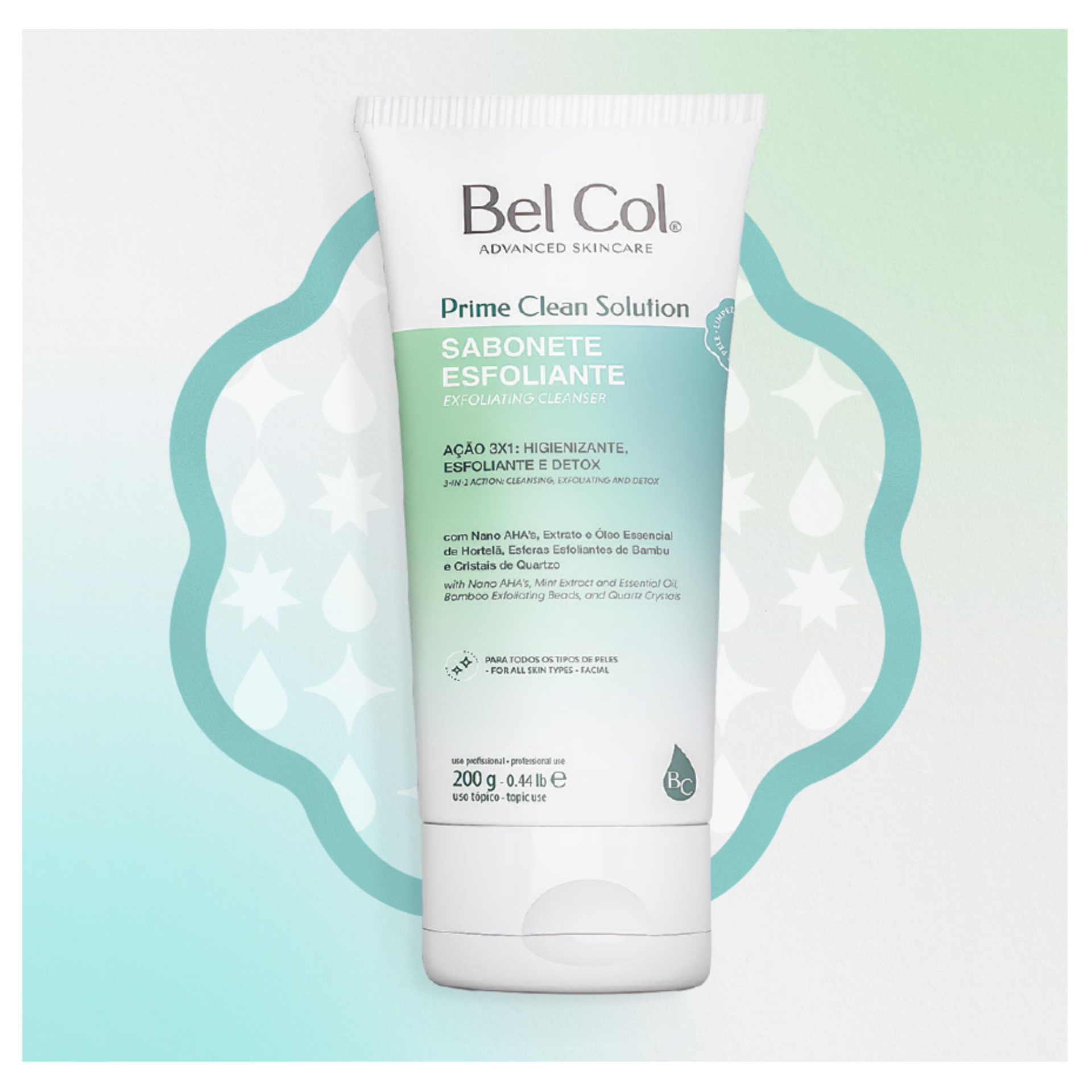 Bel Col - Sabonete Esfoliante – 200 g Frasco de sabonete esfoliante Bel Col Prime Clean Solution 200 g com fundo azul claro