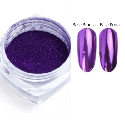 Frasco de pigmento roxo metálico e unhas cromadas com base branca e preta