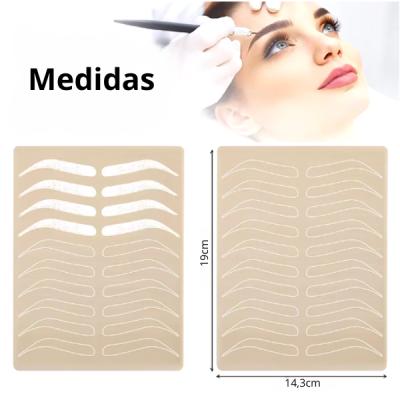 Placas com padrões de sobrancelhas e mulher a receber maquilhagem nas sobrancelhas