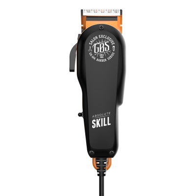 Máquina de cortar cabelo GBS preta e laranja com texto SALON EXCLUSIVE e ABSOLUTE SKILL