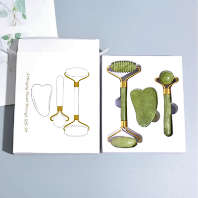 Conjunto de ferramentas de massagem facial em pedra verde com caixa branca