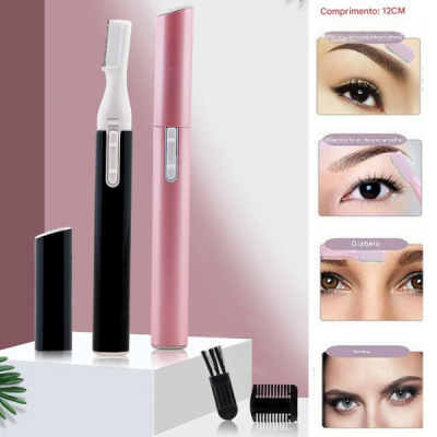 Dois aparadores de sobrancelhas preto e rosa com acessórios e imagens explicativas.