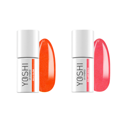 Dois frascos de verniz para unhas YOSHI, um laranja HULA LOWA e outro rosa BOULEVARDISKO