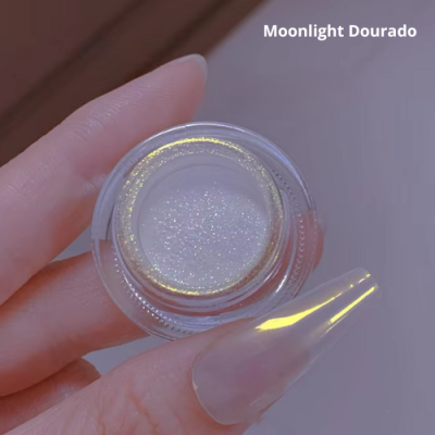 Frasco redondo de vidro com glitter dourado e branco, texto 'Moonlight Dourado'