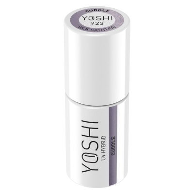 Frasco branco de verniz de unhas Yoshi UV Hybrid com faixa roxa e etiquetas com texto