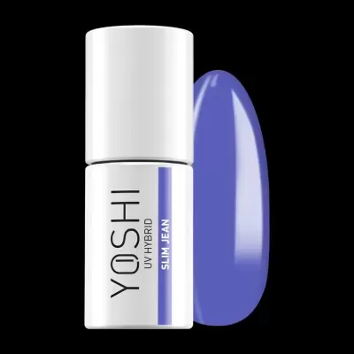 frasco branco de verniz em gel UV híbrido YOSHI com rótulo azul e amostra de cor azul-violeta