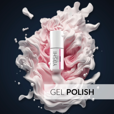Frasco de verniz de gel YOSHI rodeado por tinta rosa e branca em fundo escuro