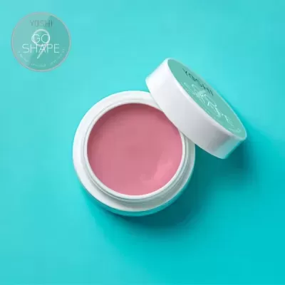 Frasco aberto de gel para unhas rosa com tampa branca e selo YOSHI GO SHAPE.