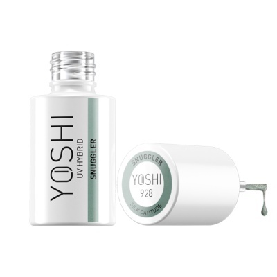 Verniz para unhas YOSHI UV HYBRID SNUGGLER com tampa aberta e gota do produto