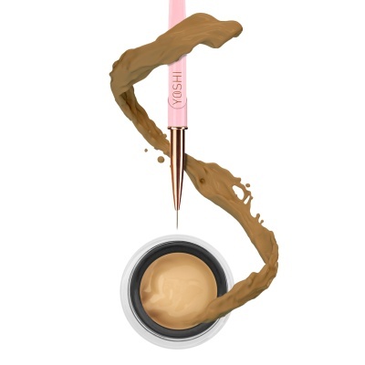 Produto cosmético creme bege com escova rosa YOSHI e textura castanha