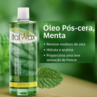 Frasco de óleo pós-cera Ital Wax com líquido verde e etiquetas verdes e amarelas, fundo com folhas de menta