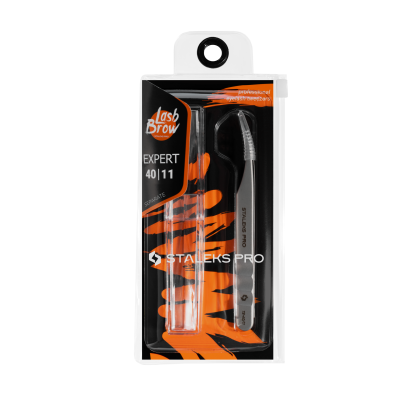 Conjunto para sobrancelhas Lash Brow embalagem preta e laranja com pinça metálica