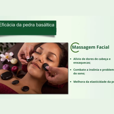Massagem facial com pedras basálticas pretas aplicadas no rosto de uma mulher, texto em português sobre benefícios