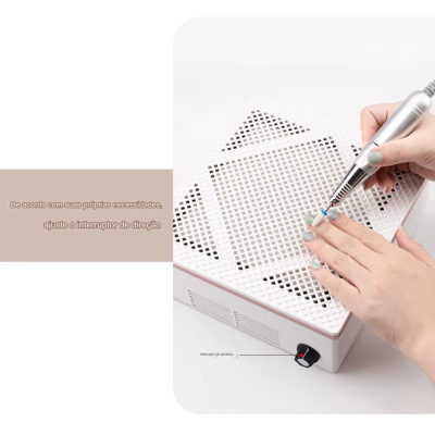 Ferramenta elétrica em use sobre unha com caixa branca de grelha retangular e botão preto de ligar