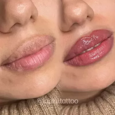 Lábios antes e depois de maquilhagem permanente com acabamento glossy