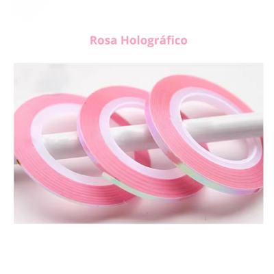 Três rolos de fita adesiva rosa holográfica sobre suporte branco