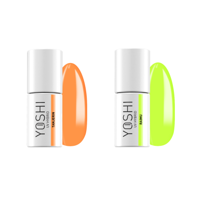 Dois frascos de verniz de unhas YOSHI laranja e verde neon