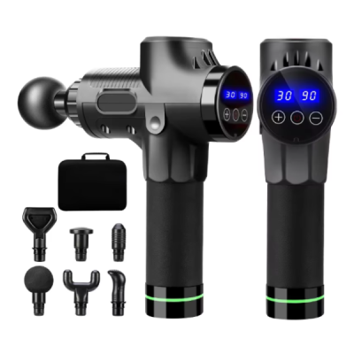 Aparelho massageador preto portátil com visor digital e seis acessórios