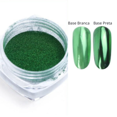 Pote de pó pigmento verde metálico para unhas com amostras em base branca e preta