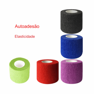 Cinco rolos de fita médica autoadesiva colorida com texto explicativo