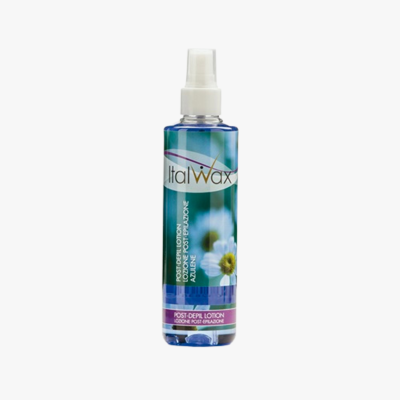 Frasco de loção pós-depilação ItalWax azul com pulverizador branco.