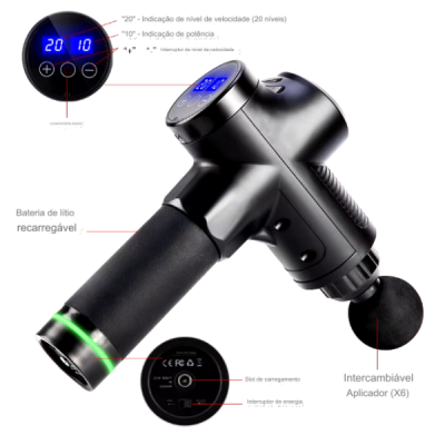 Pistola de massagem preta com ecrã digital azul e indicações técnicas