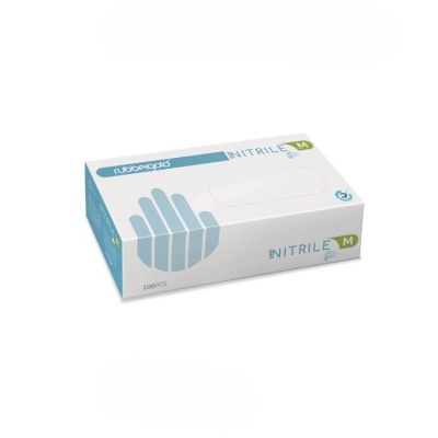 Caixa branca e azul claro de luvas descartáveis de nitrilo tamanho M