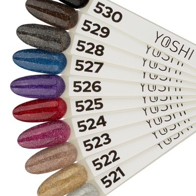 Amostra de verniz de unhas em várias cores brilhantes numeradas de 521 a 530