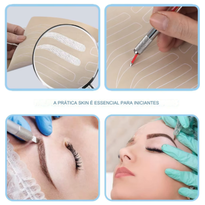 Processo de micropigmentação em pele sintética e em sobrancelha real, com destaque para a prática em skin para iniciantes.