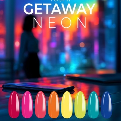 Paleta de verniz de unhas YOSHI GETAWAY NEON com oito cores neon numeradas 281 a 288 sobre superfície reflexiva em fundo urbano desfocado.