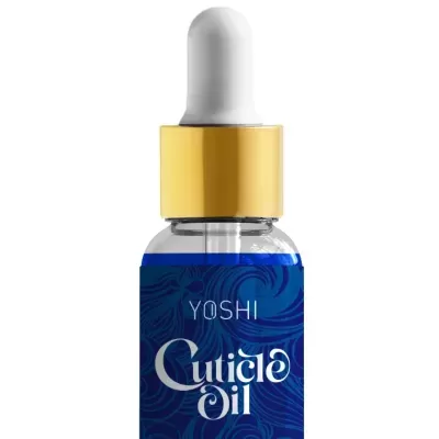 Frasco de cuticle oil YOSHI com conta-gotas e rótulo azul