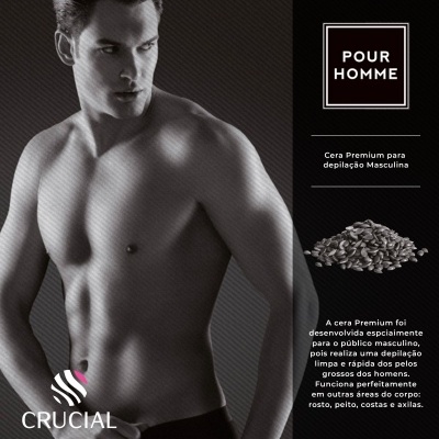 Homem musculado sem camisa com texto sobre cera depilatória masculina e grãos.