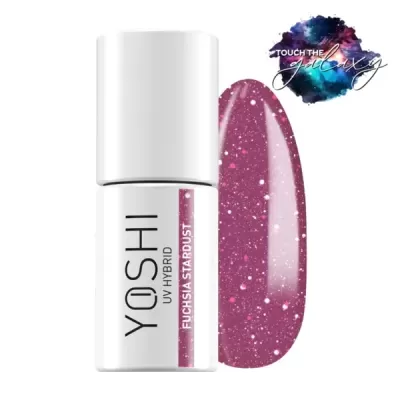 Verniz de unhas UV híbrido YOSHI cor Fuchsia Stardust com glitter