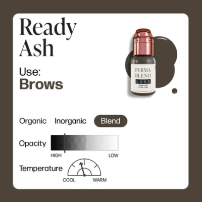 Frasco pequeno de tinta para sobrancelhas 'PERMA BLEND LUXE Ready Ash' com gráficos e texto explicativo