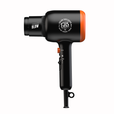 Secador de cabelo preto com apontamento laranja e inscrições brancas