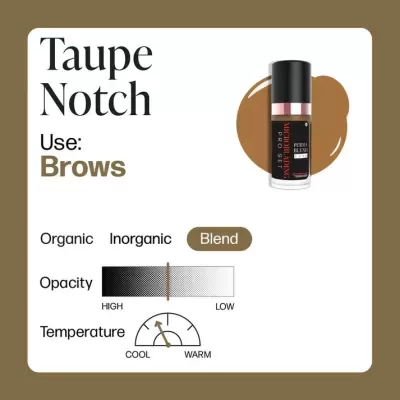 Produto cosmético Taupe Notch para sobrancelhas em embalagem preta com gráficos explicativos e fundo bege.